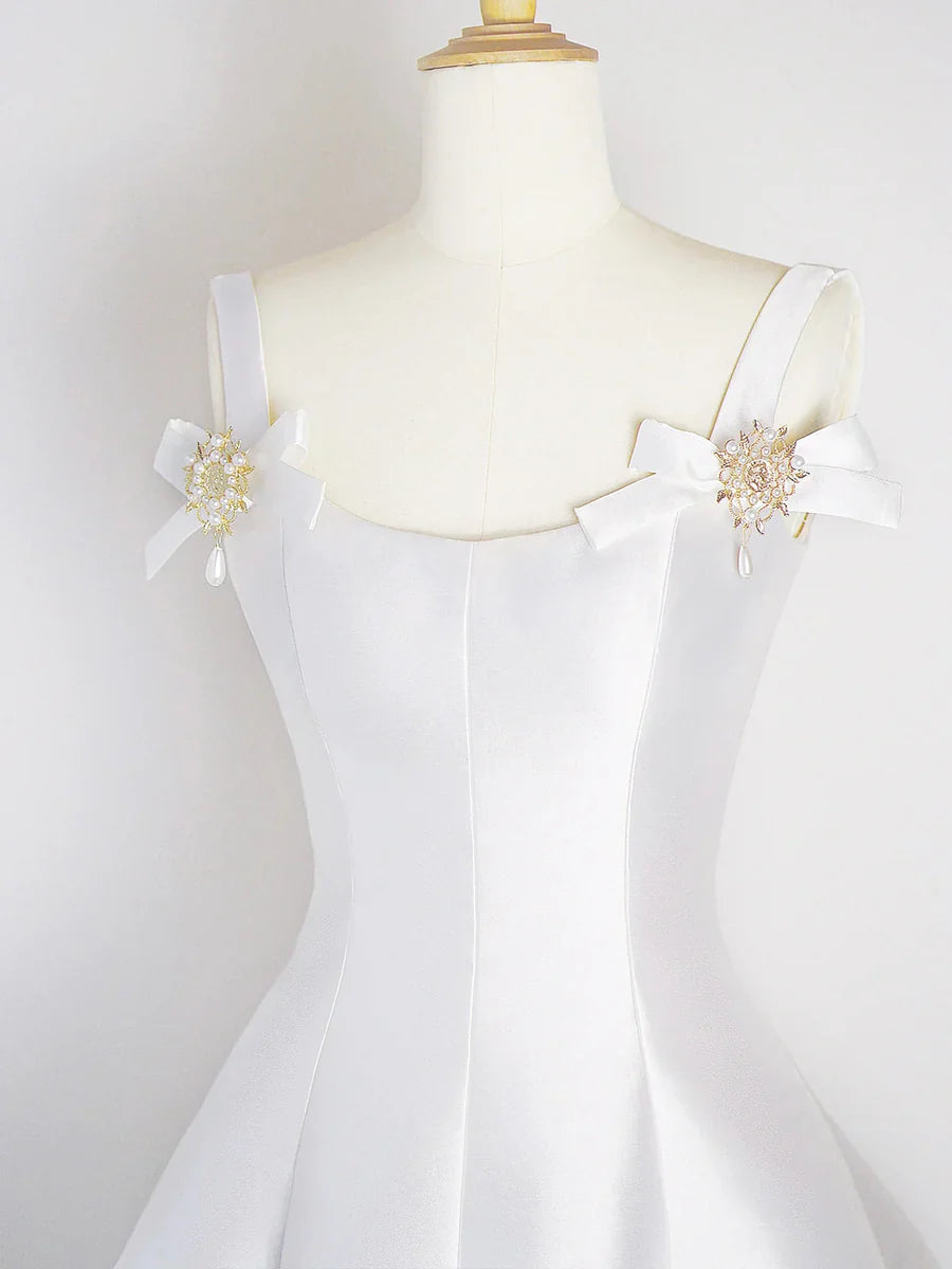 White Satin Short Prom Dress, Simple A-Line Evening Party Dress TP229