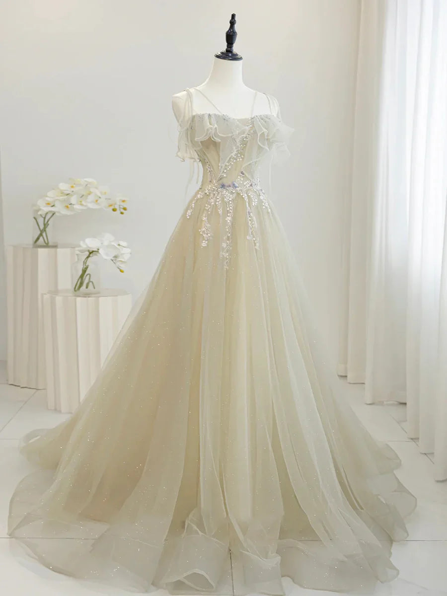 Cute Tulle Sequins Floor Length Prom Dress, Beautiful Spaghetti Strap Evening Party Dress TP230