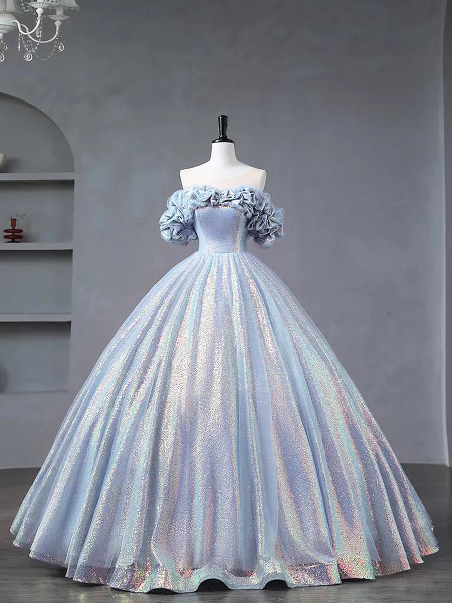 Blue Tulle Sequins Long Formal Dress, Off the Shoulder Princess Dress Sweet 16 Dress TP232