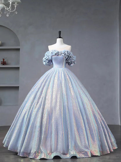 Blue Tulle Sequins Long Formal Dress, Off the Shoulder Princess Dress Sweet 16 Dress TP232