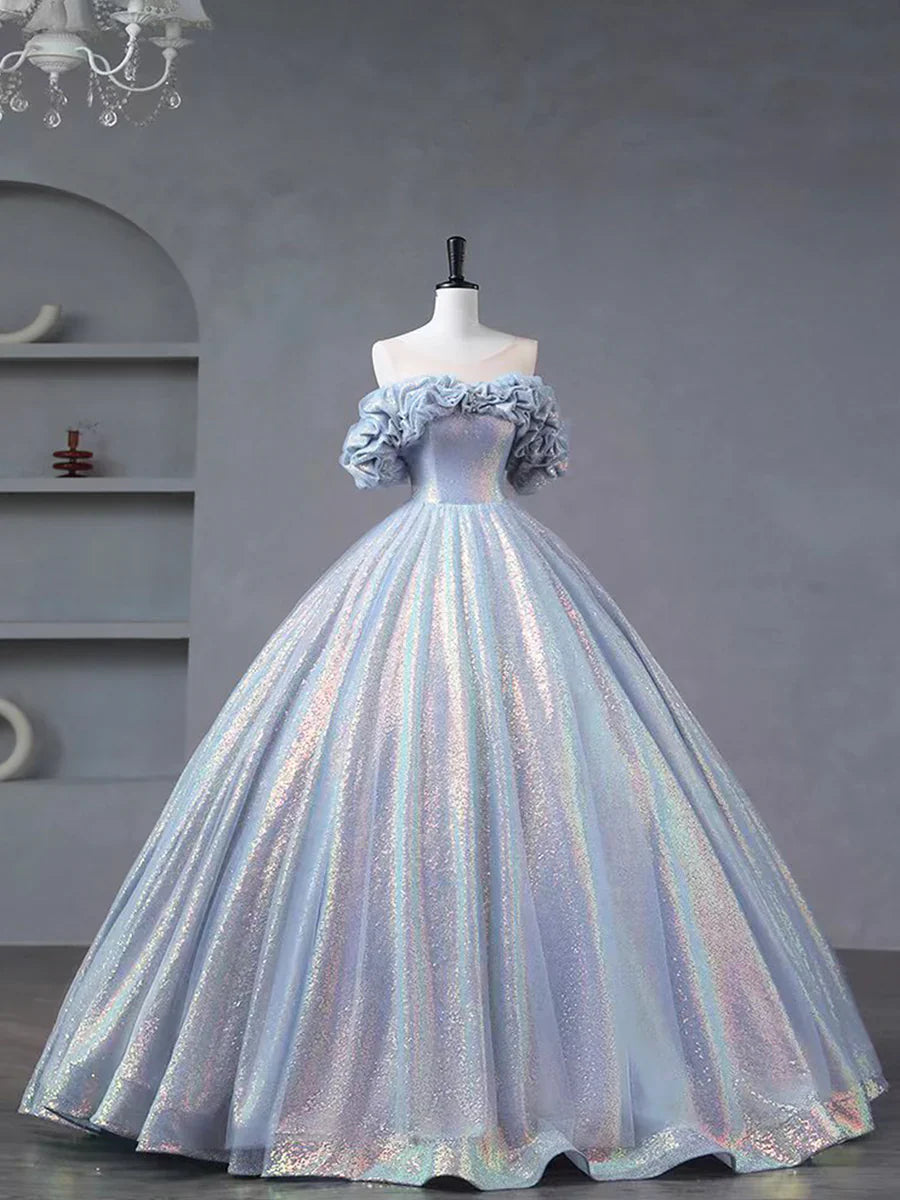 Blue Tulle Sequins Long Formal Dress, Off the Shoulder Princess Dress Sweet 16 Dress TP232