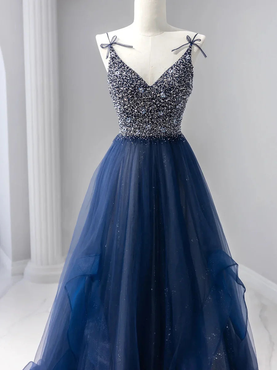 Blue Tulle Beaded Long Prom Dress, A-Line Spaghetti Strap Formal Evening Dress TP234