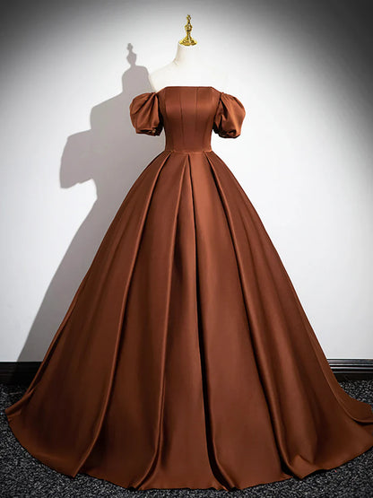Brown Satin Floor Length Prom Dress , Off the Shoulder A-Line Evening Dress TP237