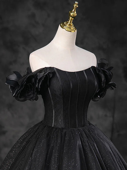 Black Sparkly Tulle Off the Shoulder Long Formal Dress, Elegant A-Line Black Evening Party Dress TP241