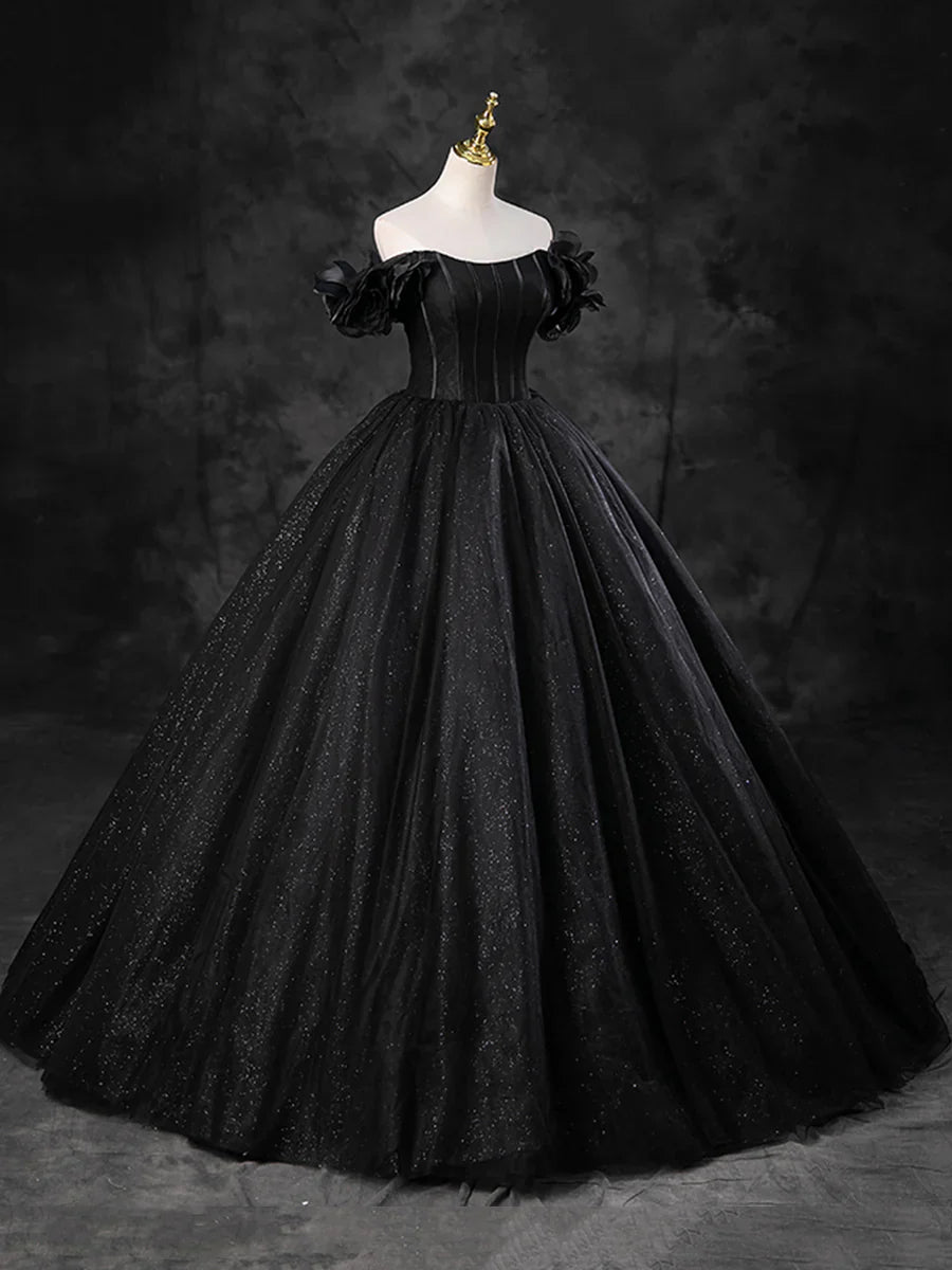 Black Sparkly Tulle Off the Shoulder Long Formal Dress, Elegant A-Line Black Evening Party Dress TP241