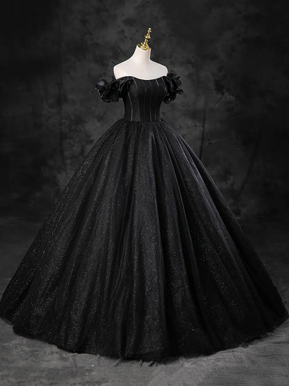 Black Sparkly Tulle Off the Shoulder Long Formal Dress, Elegant A-Line Black Evening Party Dress TP241