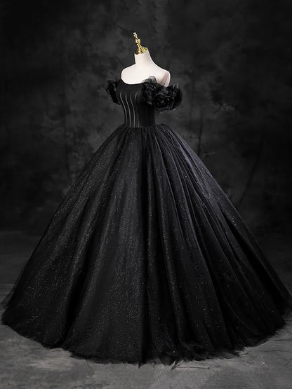 Black Sparkly Tulle Off the Shoulder Long Formal Dress, Elegant A-Line Black Evening Party Dress TP241