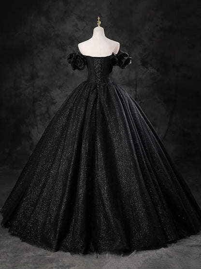 Black Sparkly Tulle Off the Shoulder Long Formal Dress, Elegant A-Line Black Evening Party Dress TP241