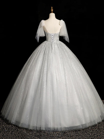Gray Sparkly Tulle Long Scoop Neckline Prom Dress, Beautiful A-Line Evening Party Dress TP242