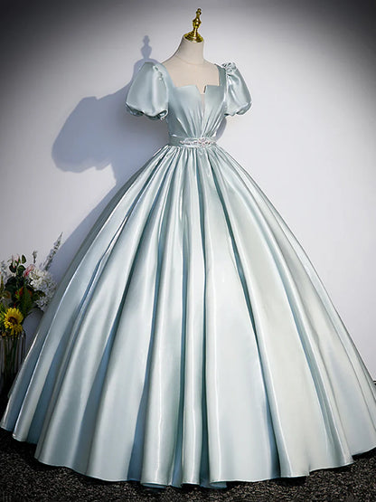 Beautiful Satin Floor Length Prom Dress, A-Line Short Sleeve Evening Party Dress TP246