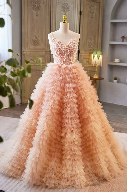Beautiful Tulle Layers Long Prom Dresses, A-Line Spaghetti Straps Evening Dresses TP248
