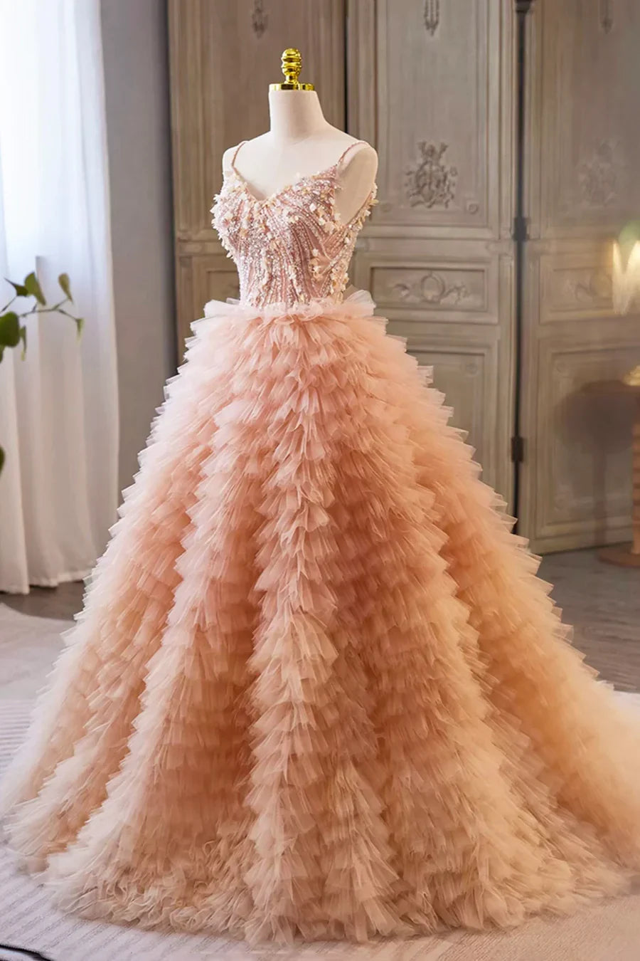 Beautiful Tulle Layers Long Prom Dresses, A-Line Spaghetti Straps Evening Dresses TP248