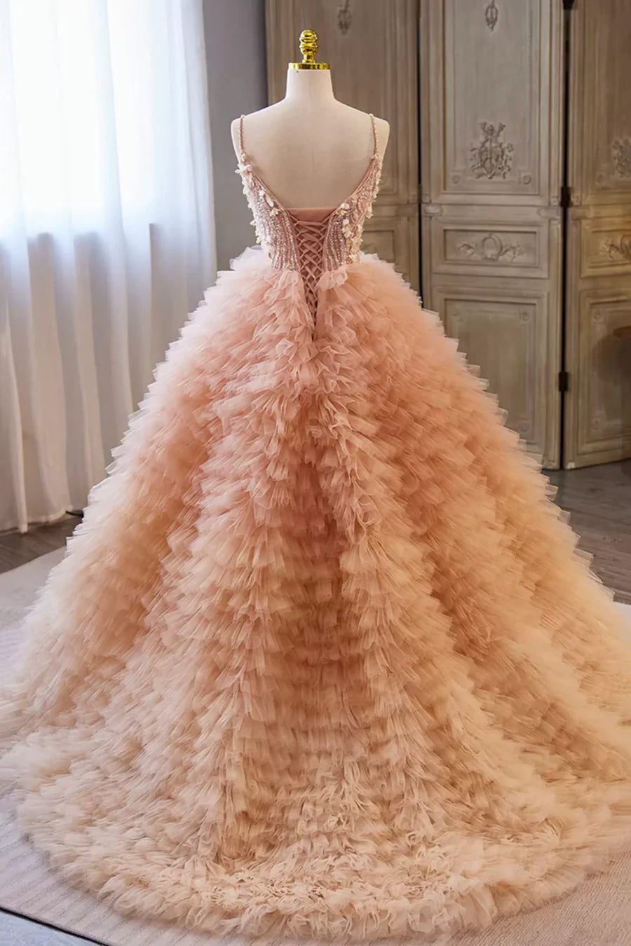 Beautiful Tulle Layers Long Prom Dresses, A-Line Spaghetti Straps Evening Dresses TP248
