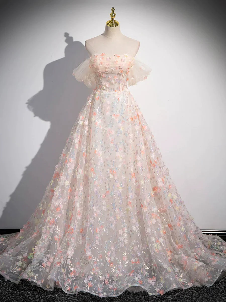 Lovely Three-dimensional Floral Floor Length Prom Dress, Off the Shoulder Evening Party Dress  TP250