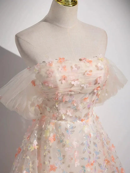 Lovely Three-dimensional Floral Floor Length Prom Dress, Off the Shoulder Evening Party Dress  TP250