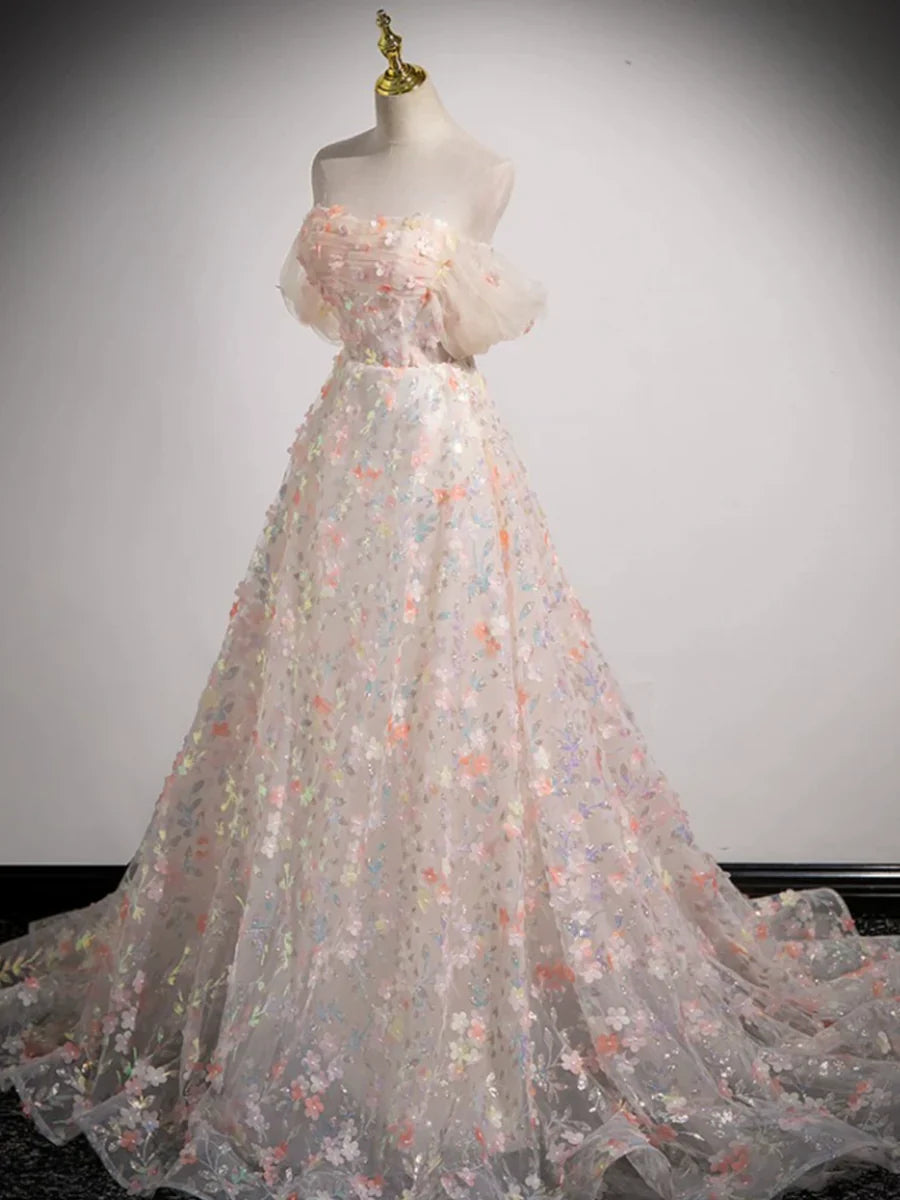 Lovely Three-dimensional Floral Floor Length Prom Dress, Off the Shoulder Evening Party Dress  TP250