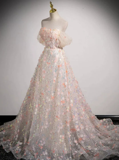 Lovely Three-dimensional Floral Floor Length Prom Dress, Off the Shoulder Evening Party Dress  TP250