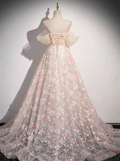 Lovely Three-dimensional Floral Floor Length Prom Dress, Off the Shoulder Evening Party Dress  TP250