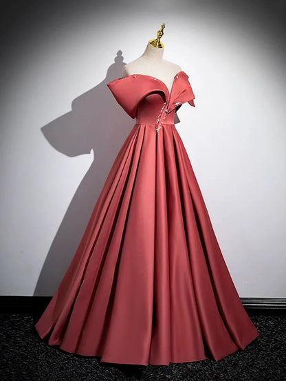 Beautiful Satin Off Shoulder Long Party Dress, A-Line Pearl Floor Length Prom Dress  TP251