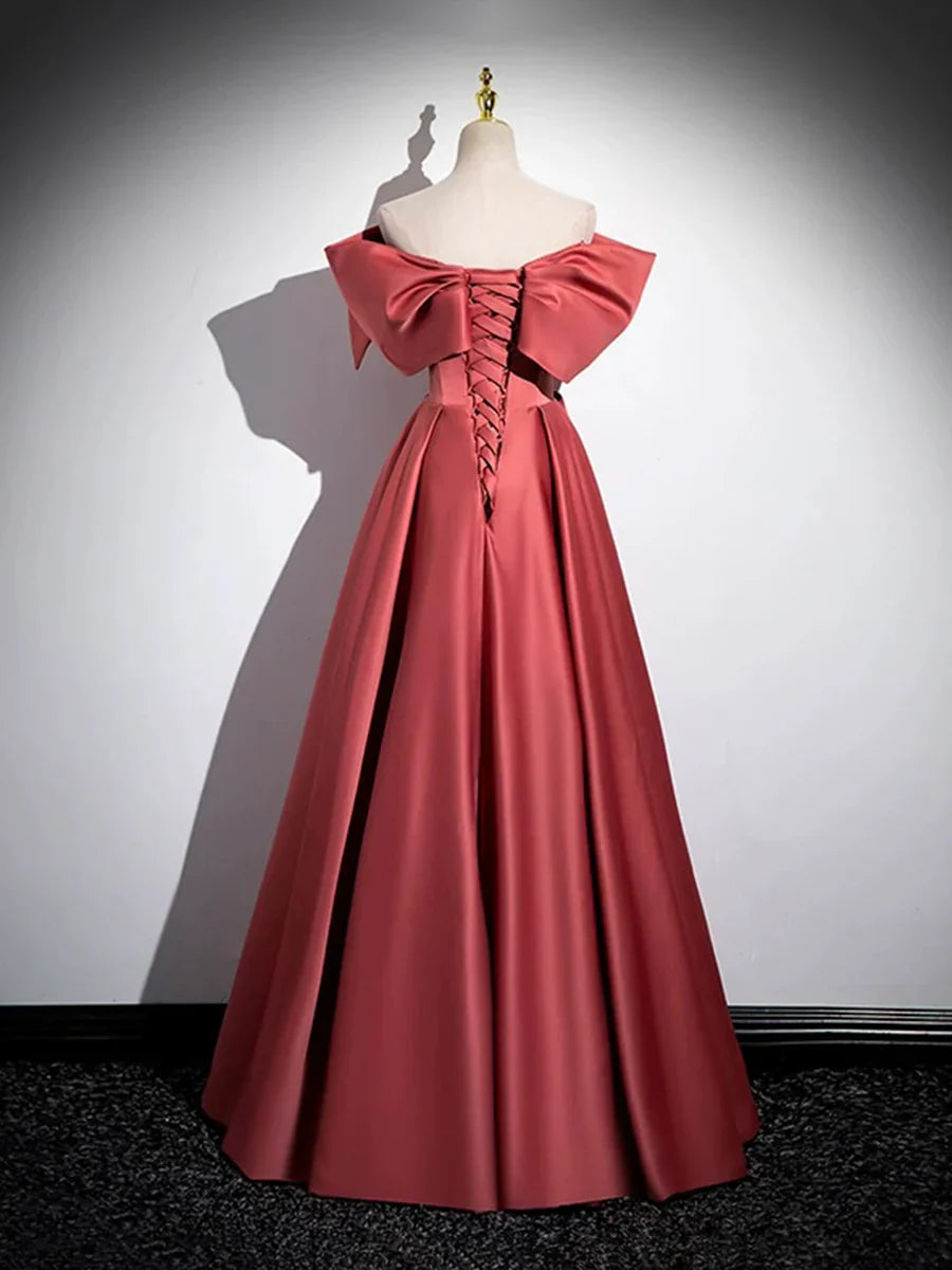 Beautiful Satin Off Shoulder Long Party Dress, A-Line Pearl Floor Length Prom Dress  TP251