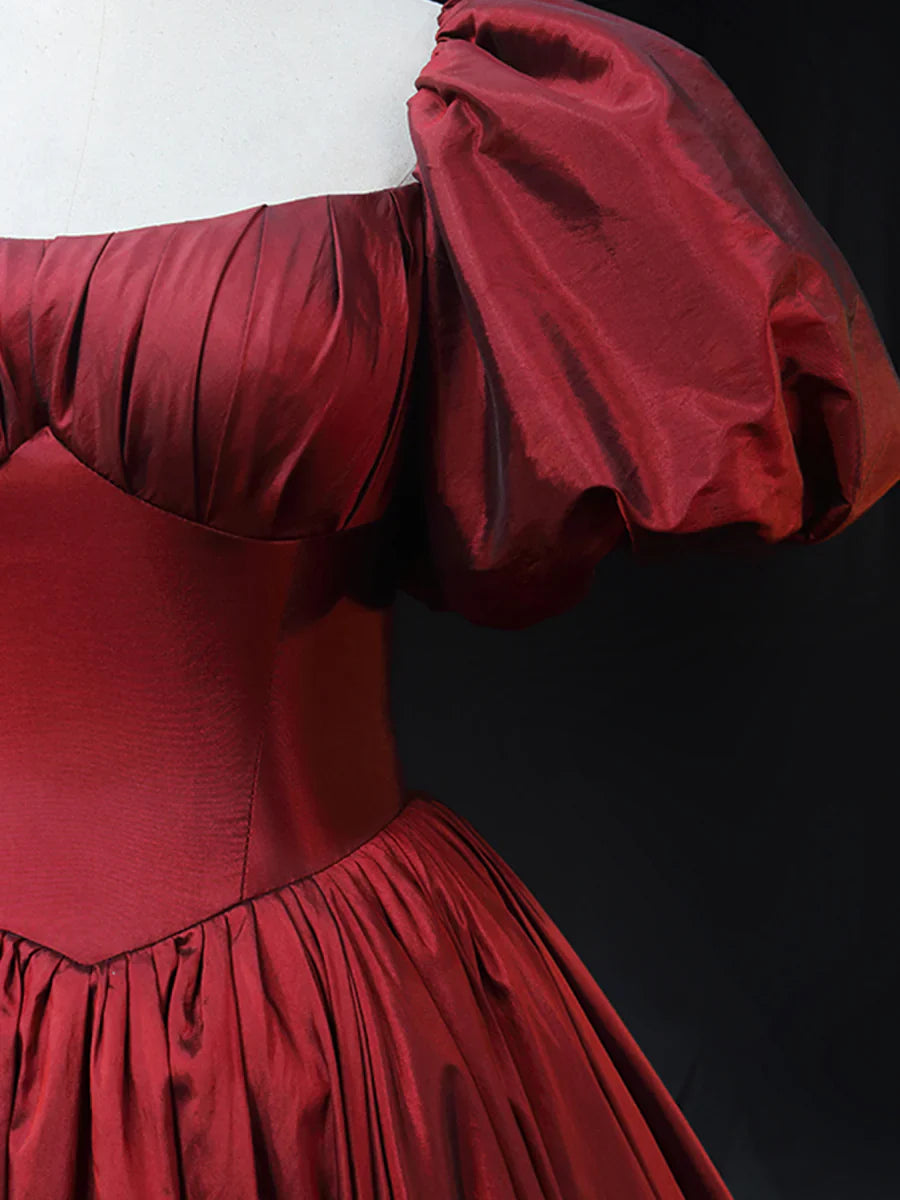 Burgundy Scoop Short Sleeves Party Dress, A-Line Long Evening Dress Prom Dress  TP252