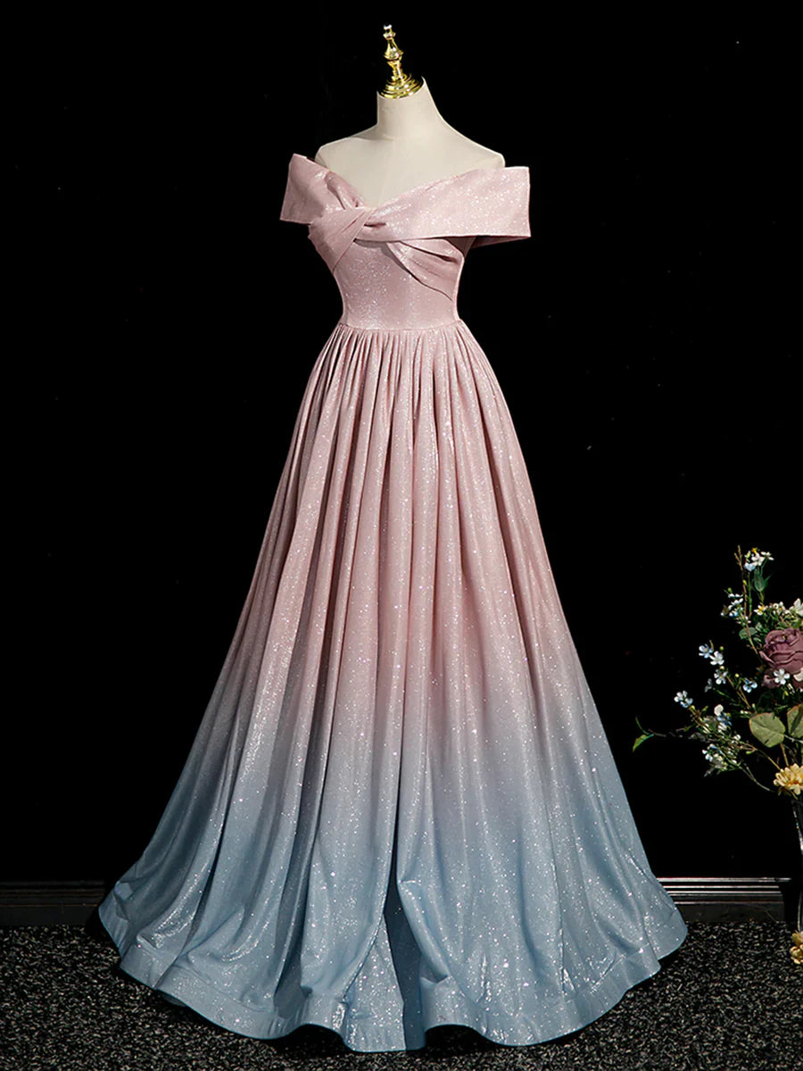 Pink Gradient Shiny Floor Length Prom Dress, Off Shoulder A-Line Evening Party Dress  TP254