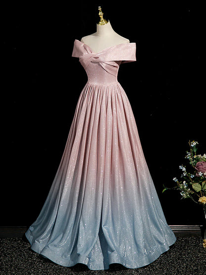 Pink Gradient Shiny Floor Length Prom Dress, Off Shoulder A-Line Evening Party Dress  TP254
