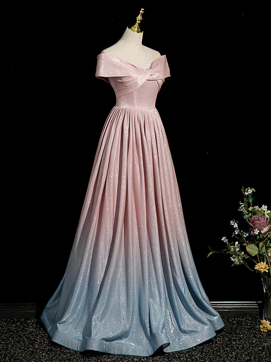 Pink Gradient Shiny Floor Length Prom Dress, Off Shoulder A-Line Evening Party Dress  TP254