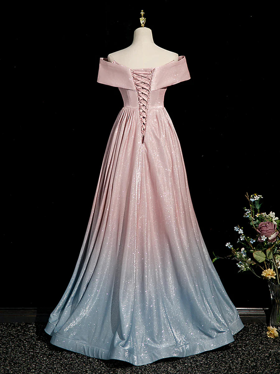 Pink Gradient Shiny Floor Length Prom Dress, Off Shoulder A-Line Evening Party Dress  TP254