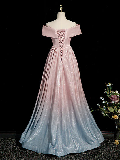 Pink Gradient Shiny Floor Length Prom Dress, Off Shoulder A-Line Evening Party Dress  TP254
