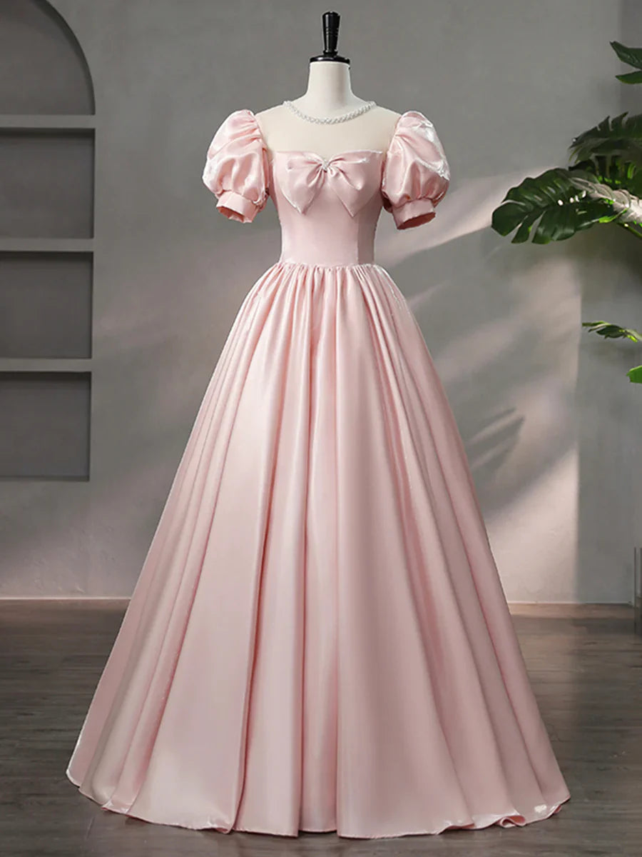 Beautiful Pink Scoop Neck Satin Floor Length Prom Dress, A-Line Short Sleeve Evening Dress with Bow  TP258