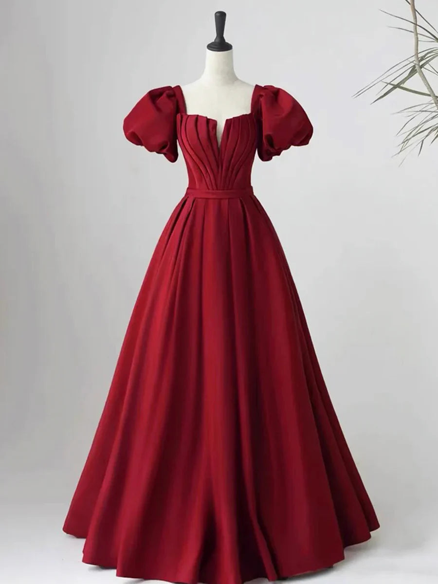 Lovely Satin Floor Length Short Sleeves Party Dress, A-Line Evening Party Dress  TP260