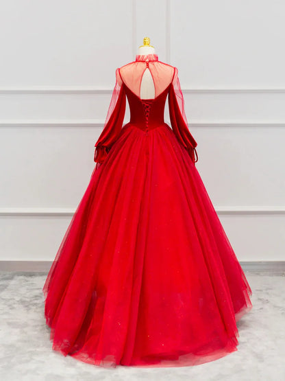 Red Velvet Tulle Floor Length Prom Dress, Beautiful Long Sleeve Evening Party Dress  TP263