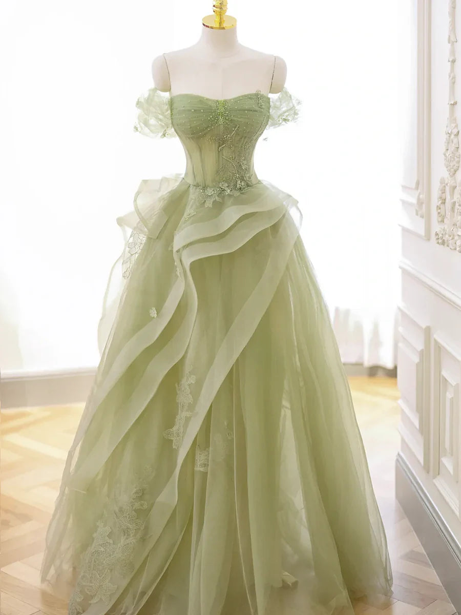 Green Tulle Long Floor Length Prom Dress, Beautiful A-Line Evening Party Dress with Lace  TP264