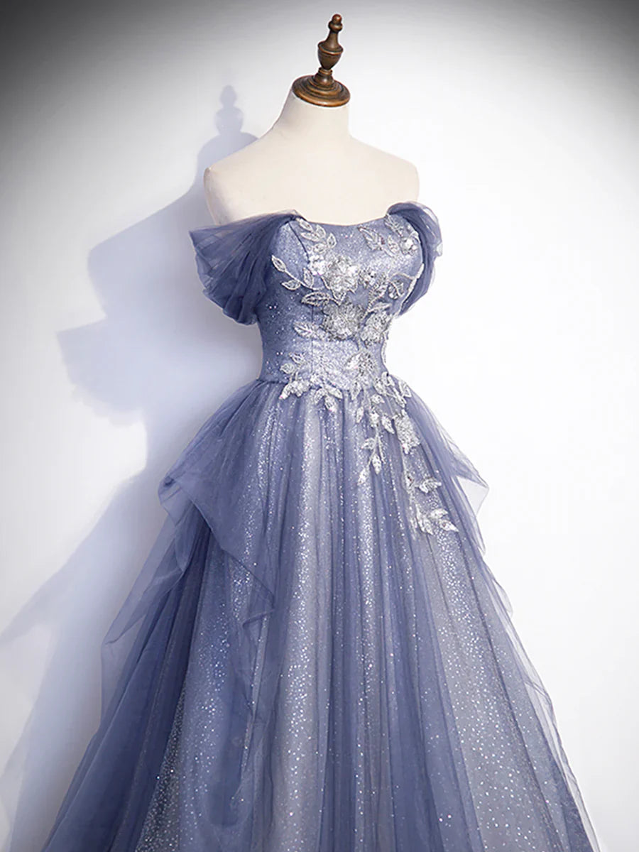 Charming Tulle Sequins A-Line Prom Dresses, Off the Shoulder Floor-Length Formal Dresses  TP265