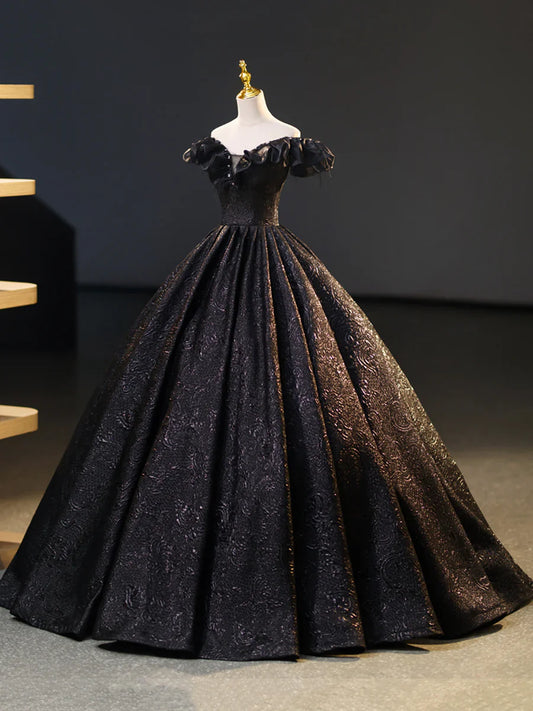Black V-Neck Floor Length Formal Dress, A-Line Off the Shoulder Evening Party Dress  TP269