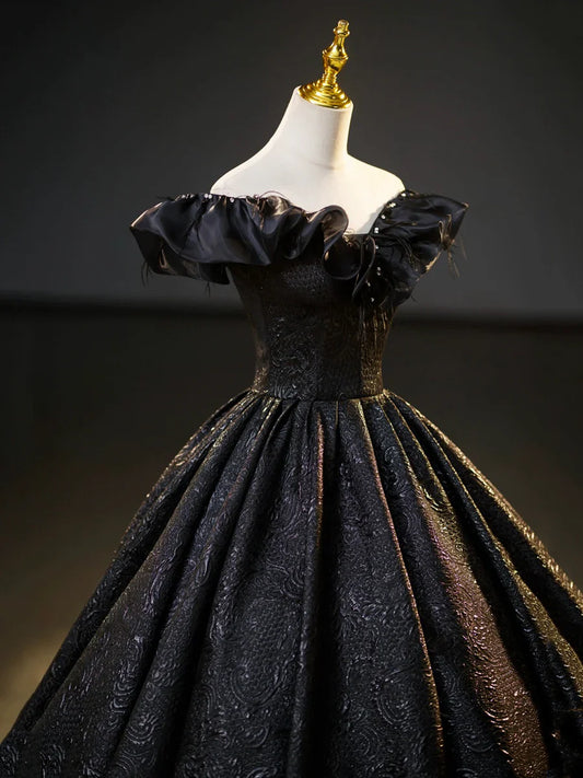 Black V-Neck Floor Length Formal Dress, A-Line Off the Shoulder Evening Party Dress  TP269