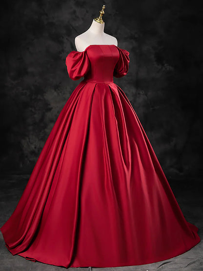 Burgundy Satin Off the Shoulder Formal Dress, A-Line Burgundy Evening Dress  TP272