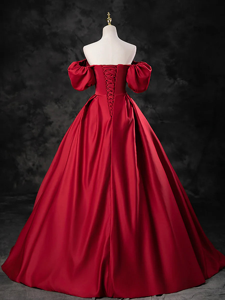 Burgundy Satin Off the Shoulder Formal Dress, A-Line Burgundy Evening Dress  TP272