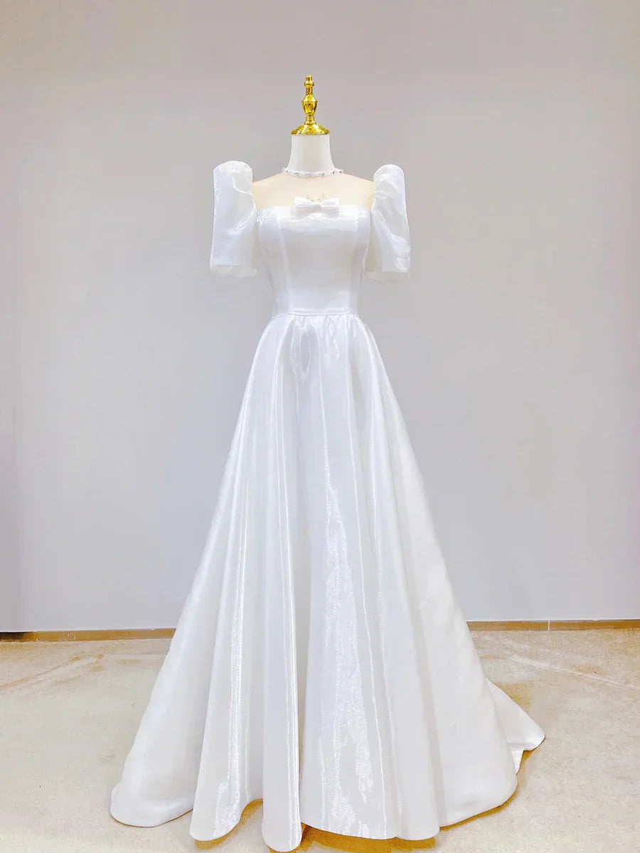 White Satin Short Sleeve Floor Length Prom Dress, White A-Line Party Dress  TP273