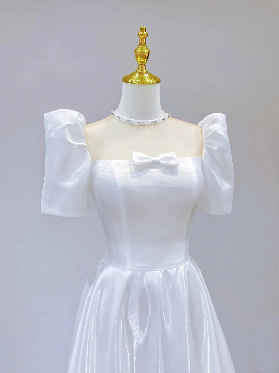 White Satin Short Sleeve Floor Length Prom Dress, White A-Line Party Dress  TP273