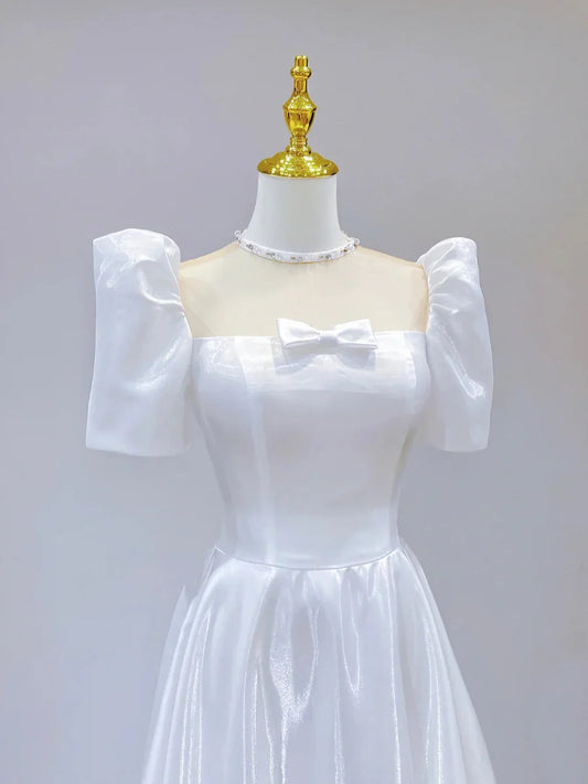 White Satin Short Sleeve Floor Length Prom Dress, White A-Line Party Dress  TP273