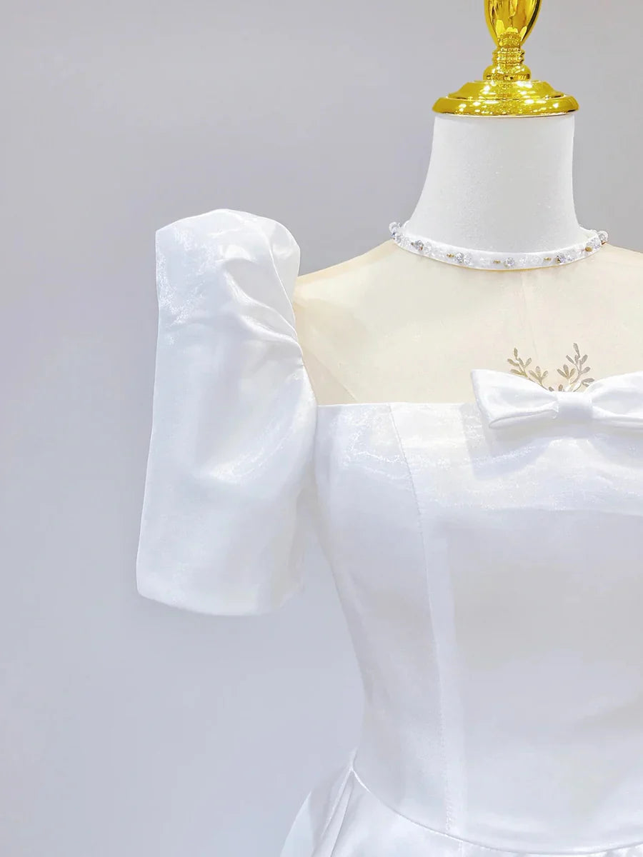 White Satin Short Sleeve Floor Length Prom Dress, White A-Line Party Dress  TP273