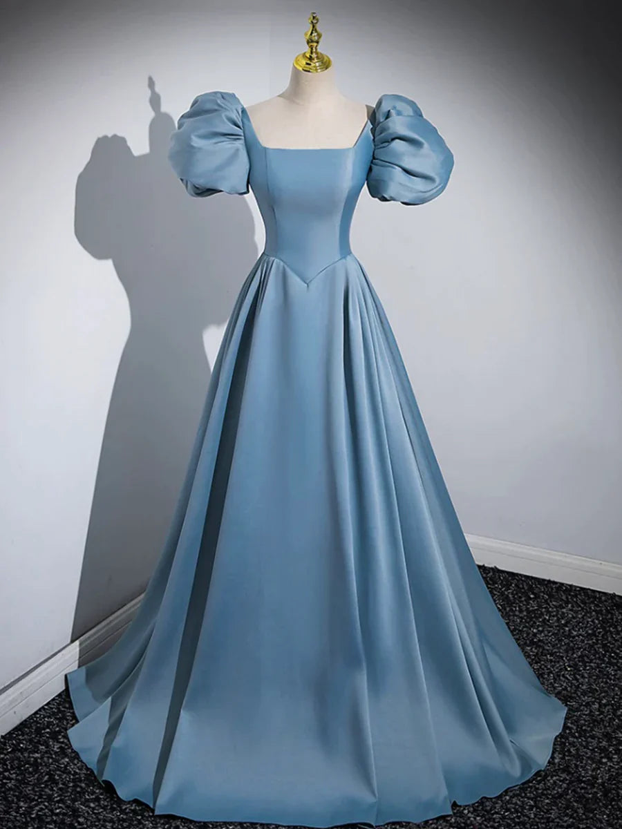 Blue Puff Sleeve Satin Floor Length Prom Dress, Blue A-Line Evening Party Dress  TP274