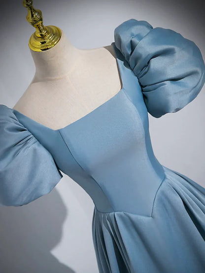 Blue Puff Sleeve Satin Floor Length Prom Dress, Blue A-Line Evening Party Dress  TP274