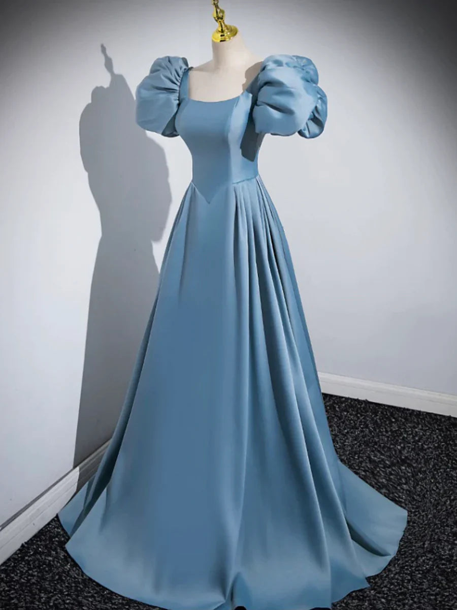 Blue Puff Sleeve Satin Floor Length Prom Dress, Blue A-Line Evening Party Dress  TP274