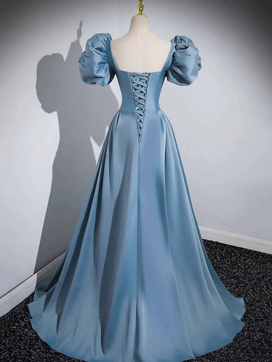 Blue Puff Sleeve Satin Floor Length Prom Dress, Blue A-Line Evening Party Dress  TP274