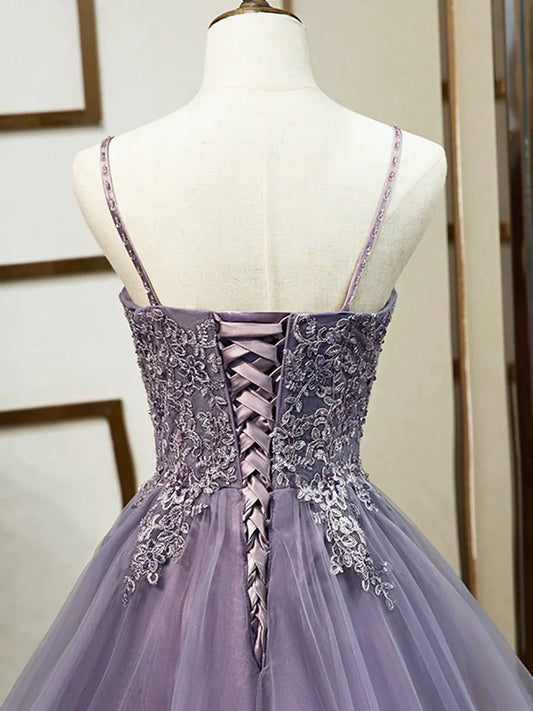 Purple Spaghetti Straps Lace Prom Dress, Lovely Tulle Corset Floor Length Evening Dress  TP276
