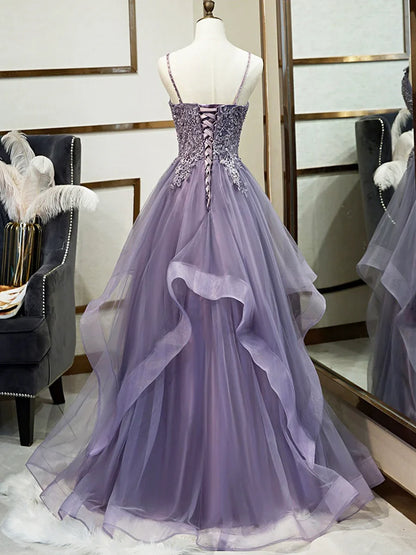 Purple Spaghetti Straps Lace Prom Dress, Lovely Tulle Corset Floor Length Evening Dress  TP276