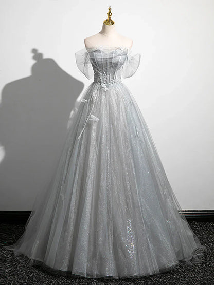 A-Line Off the Shoulder Sparkly Prom Dress, Gray Tulle Corset Floor Length Evening Dress  TP278